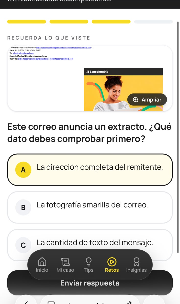 Reto de CALMA con un correo simulado y opciones de respuesta