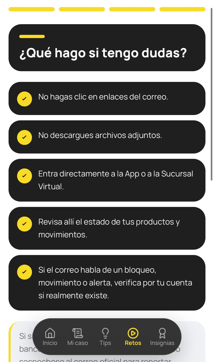 Pantalla de feedback de CALMA con la regla y los pasos seguros