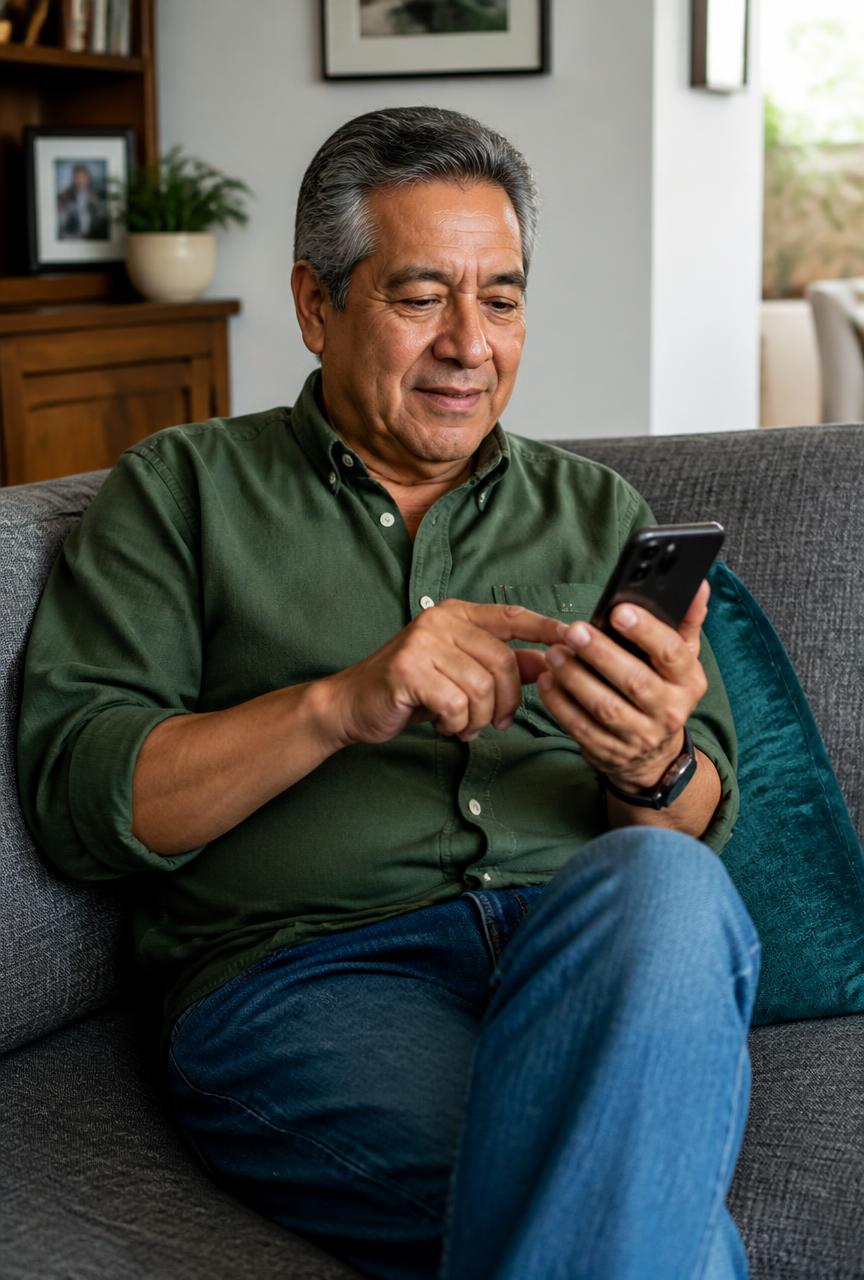 Hombre de 60 años usando la app de su banco en casa