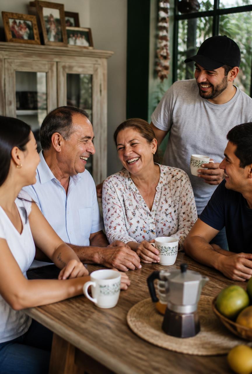 Familia colombiana compartiendo café en casa