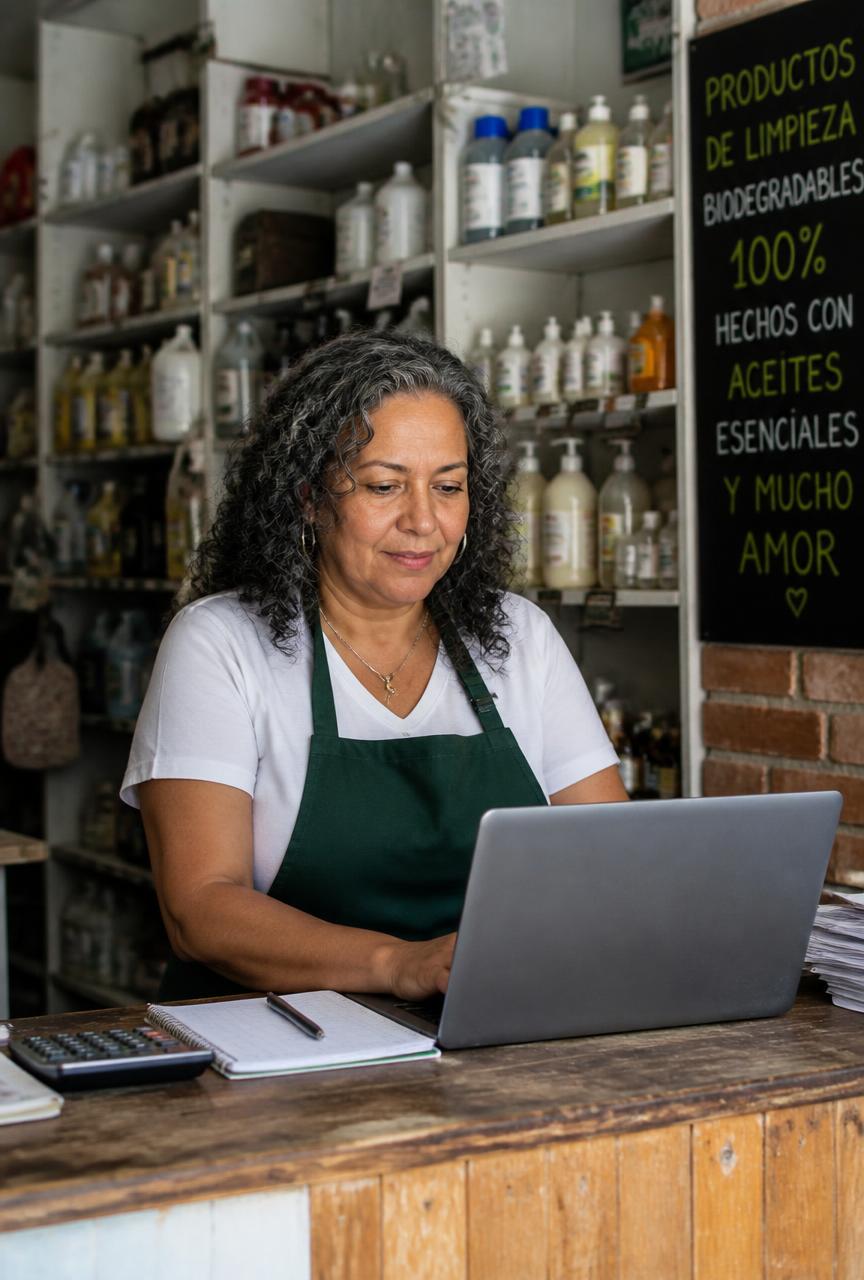 Mujer de 55 años administrando su negocio con un computador portátil